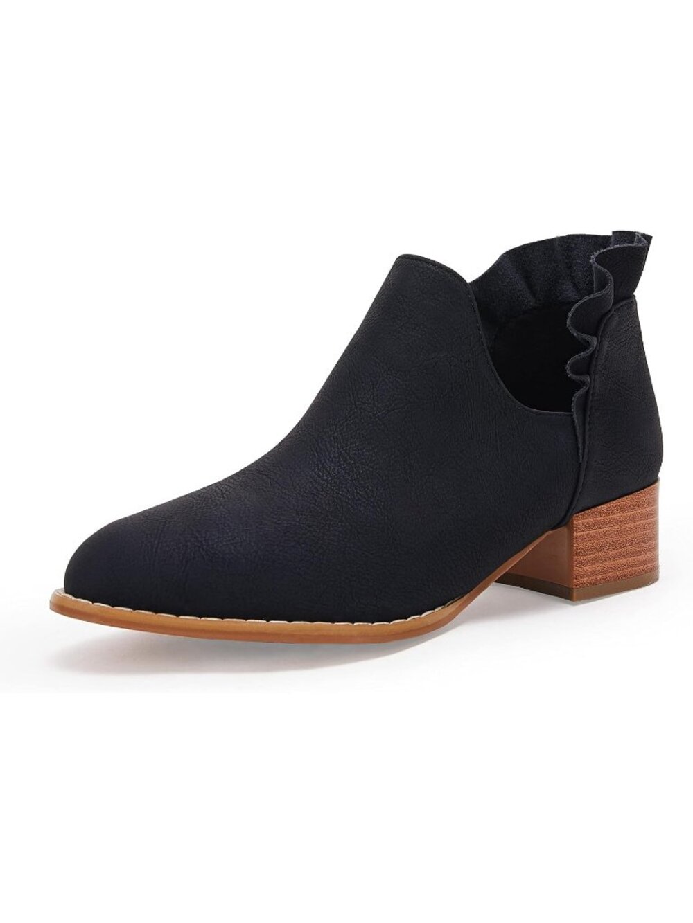 Women's Black Ruffled Ankle Boots V Cut Out Pointed Toe Low Heel Western Booties